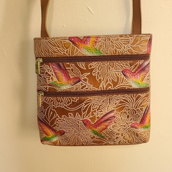 Anuschka Medium Crossbody With Double Zip Pockets Tooled Birds Tan - Picture 5 of 12